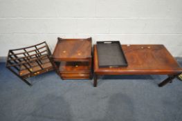 THREE LATE 20TH CENTURY MAHOGANY OCCASIONAL FURNITURE, to include a coffee table, length 112cm x