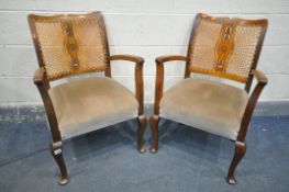A PAIR OF GEORGIAN STYLE MAHOGANY BEGERE BACK OPEN ARMCHAIRS, on padded front feet (condition -