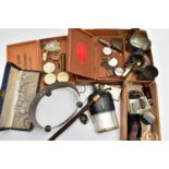 A BOX OF ASSORTED ITEMS, to include a double ended red glass scent bottle, a wooden smoking pipe,