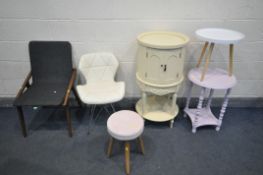 A MODERN TEAK FRAMED CHAIR, with grey upholstery, and a cream leatherette chair, with metal legs,