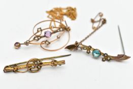 A COLLECTION OF EDWARDIAN JEWELLERY, to include a 9ct yellow gold purple paste and seed pearl