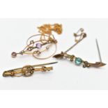 A COLLECTION OF EDWARDIAN JEWELLERY, to include a 9ct yellow gold purple paste and seed pearl