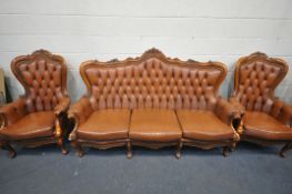 A LOUIS XV STYLE THREE PIECE LOUNGE SUITE, with tanned leather button back upholstery, comprising