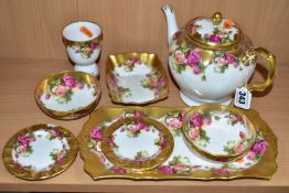 EIGHT PIECES OF ROYAL CHELSEA GOLDEN ROSE PATTERN TEA WARES, comprising a teapot, a sandwich