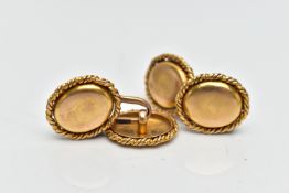 A PAIR OF LATE 19TH CENTURY GOLD CUFFLINKS, face and back designed as a polished oval with rope