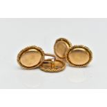 A PAIR OF LATE 19TH CENTURY GOLD CUFFLINKS, face and back designed as a polished oval with rope