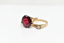 A 9CT GOLD DIAMOND RING AND YELLOW METAL GARNET RING, a single stone diamond ring, round brilliant