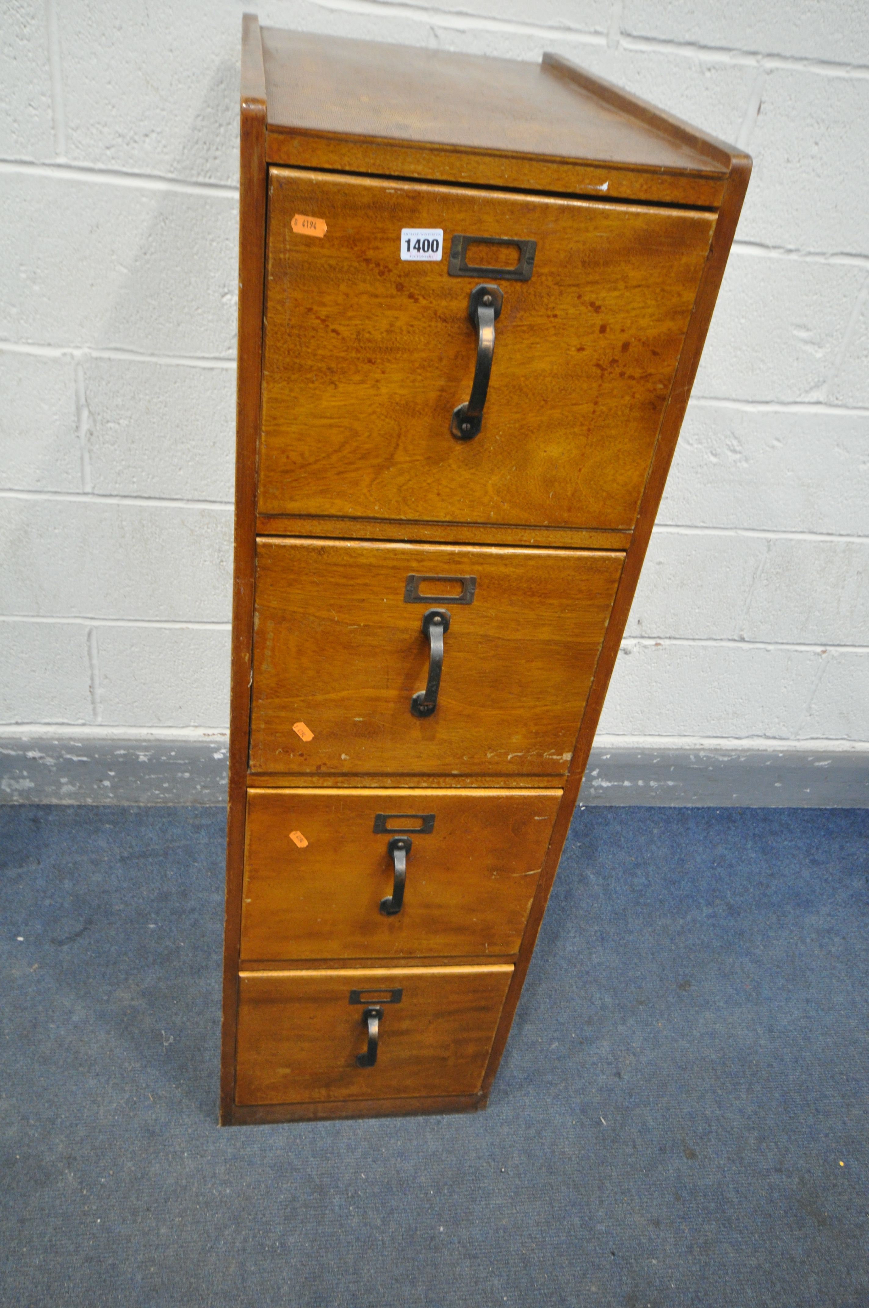 A VINTAGE MAHOGANY FOUR DRAWER FILING CABINET, width 38cm x depth 64cm x height 127cm (condition:-