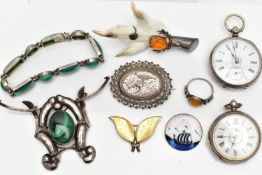 ASSORTED WHITE METAL JEWELLERY AND TWO POCKET WATCHES, the first a 'David Andersen' silver and