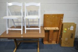 FOUR OROLAY FOLDING CHAIRS, a modern trestle dining table, and a dismantled pine table (