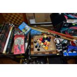 ONE BOX OF ASSORTED VINTAGE GAMES AND TOYS, to include a Logitech 'Formula Force EX' steering wheel,