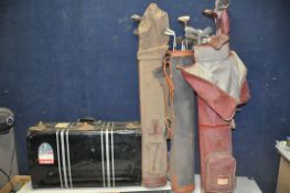 COLLECTION OF VINTAGE GOLFING EQUIPMENT to include three vintage golf bags with Harold foreman along