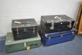 A VINTAGE BLUE FINISH TRAVELLING TRUNK, two metal storage trunks and a canvas and leather trunk (