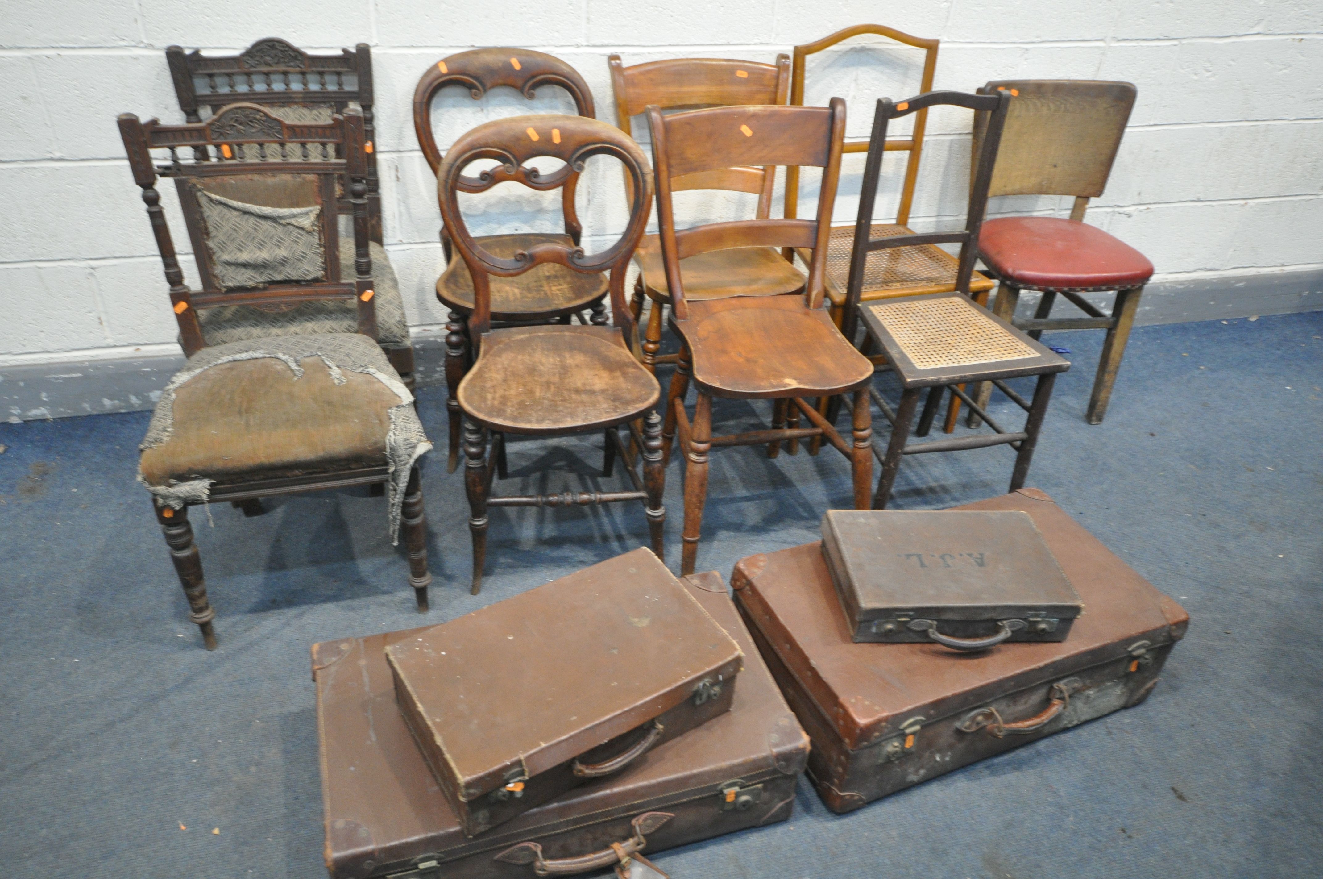 A SELECTION OF CHAIRS, to include a pair of mahogany chairs, a pair of oak balloon back chairs, five