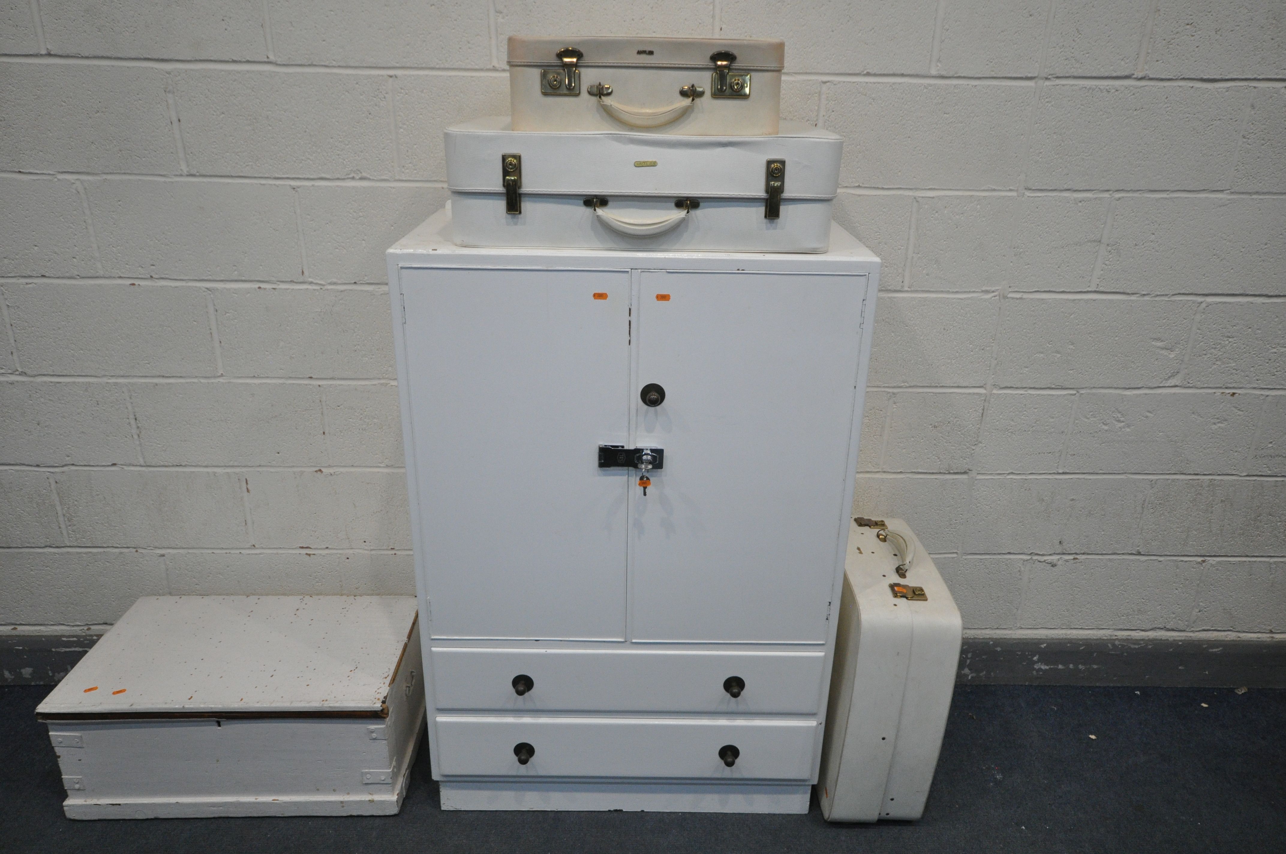 A WHITE PAINTED TWO DOOR CUPBOARD, with two long drawers, width 84cm x depth 47cm x height 125cm,