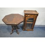 A LATE VICTORIAN WALNUT AND INLAID GLAZED SINGLE DOOR CABINET, with a brass raised top, a single