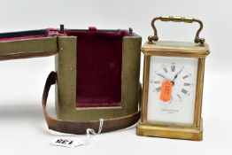 A CARRIAGE CLOCK WITH CASE, a brass carriage clock with glass viewing panels, white dial with