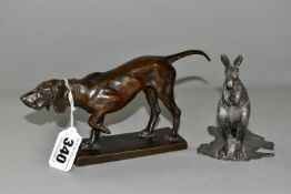 A BRONZE GUNDOG FIGURE AND A PLATED KANGAROO, comprising a bronze figure of a working pointer,