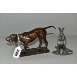 A BRONZE GUNDOG FIGURE AND A PLATED KANGAROO, comprising a bronze figure of a working pointer,