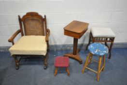 A CHERRYWOOD BEGERE BACK ARMCHAIR, a mahogany work table, with hinged lid, a walnut piano stool, and