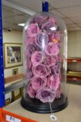 A MODERN GLASS DOME ON A CIRCULAR EBONISED BASE, containing an arrangement of pink fabric roses,