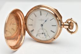 AN EARLY 20TH CENTURY 18CT GOLD ELGIN POCKET WATCH, keyless wind, outer case with engraved scene