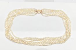 A CULTURED FRESHWATER PEARL NECKLACE, multi strand pearl necklace, six strands of oval pearls,