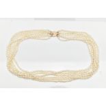 A CULTURED FRESHWATER PEARL NECKLACE, multi strand pearl necklace, six strands of oval pearls,