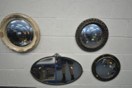 A SELECTION OF VARIOUS MIRRORS, comprising an oval mirror with brass frame, an Atsonea cream