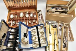 A LARGE ASSORTMENT OF CUTLERY SETS, to include two cased full sets of seven serving spoons, a