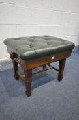 A MAHOGANY RISE AND FALL PIANO STOOL, with green buttoned leatherette upholstery, width 62cm x depth
