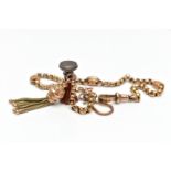 A GOLD PLATED ALBERTINA WITH FOB SEAL, faceted gold plated belcher link bracelet interspaced with