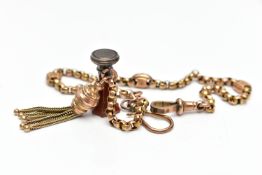 A GOLD PLATED ALBERTINA WITH FOB SEAL, faceted gold plated belcher link bracelet interspaced with