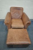 A TANNED LEATHER ARMCHAIR, width 102cm x depth 96cm x height 84cm, along with a matching foot