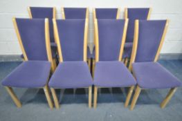 A SET OF EIGHT MAPLE SKOVBY DINING CHAIRS, with blue upholstery (condition - all frames sturdy,