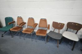 A SELECTION OF CHAIRS, to include three office armchairs, a green swivel chair, and three wooden