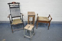 AN EDWARDIAN MAHOGANY FOLDING CAMPAIGN CHAIR (condition:-worn finish, wobbly armrests) an