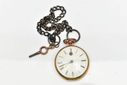 AN OPENFACE POCKET WATCH WITH ALBERT CHAIN, key winding, round white dial, Roman numerals, gold tone