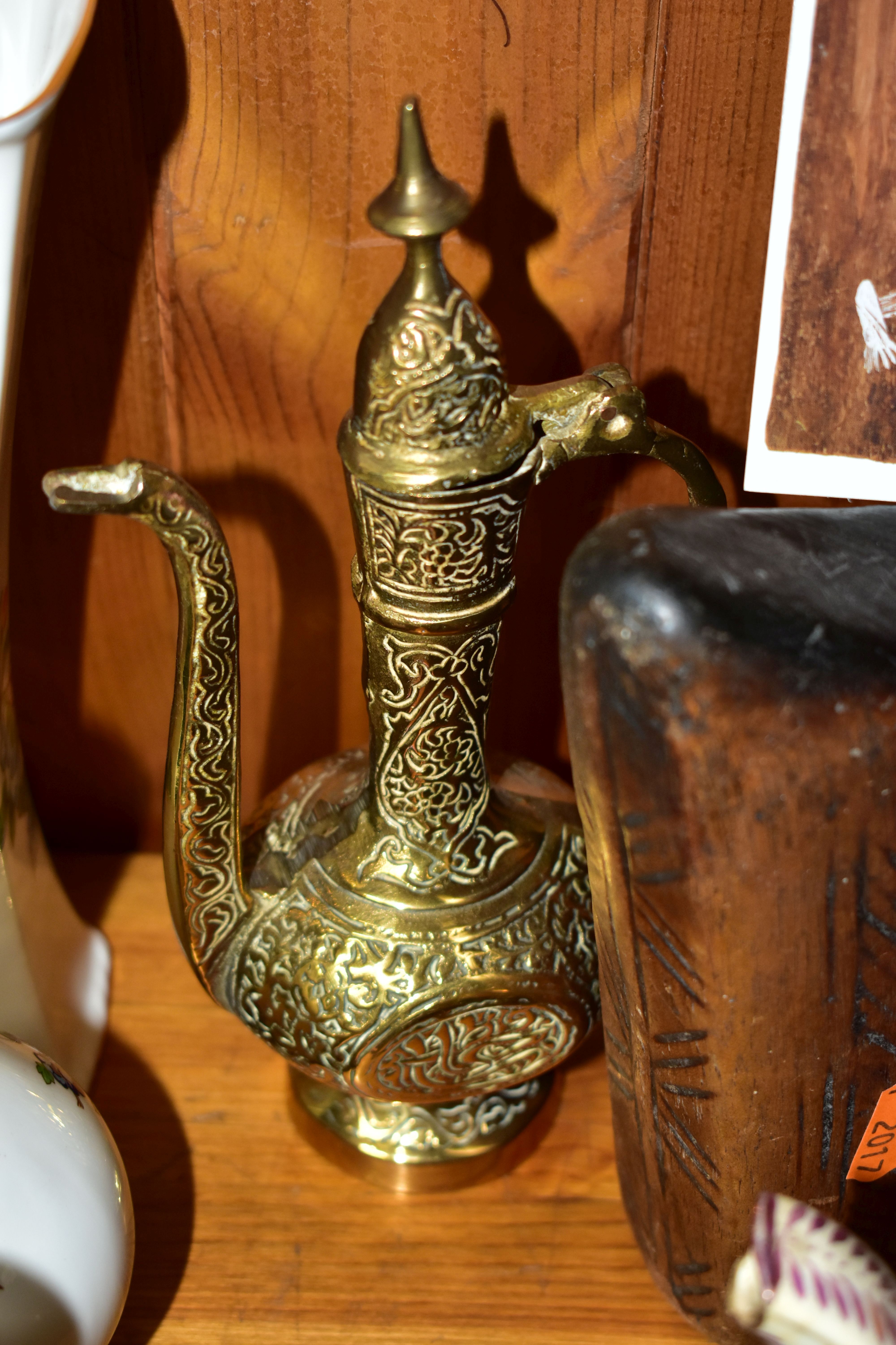 A GROUP OF METALWARES, CERAMICS AND TREEN, to include an African wooden head rest of block form, - Image 8 of 10