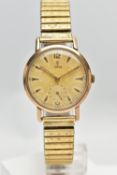 A 9CT GOLD 'TUDOR' WRISTWATCH, a hand wound movement, round dial signed 'Tudor', Arabic twelve and