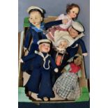 ONE BOX OF VINTAGE FABRIC SAILOR DOLLS AND THREE TRADITIONAL FOLK DOLLS, to include a Norah Wellings