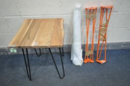 TWO SQUARE HARDWOOD SIDE TABLES, on hairpin legs, 45cm squared x height 60cm, along with a pair of