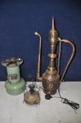 A VINTAGE VALOR 106R PARAFFIN HEATER along with a vintage copper ewer with brass top converted