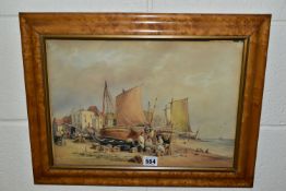 A VICTORIAN WATERCOLOUR DEPICTING FISHING BOATS AND FIGURES ATTENDING TO THEIR CATCH, signed and