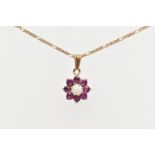 A 9CT GOLD GEMSET PENDANT AND CHAIN, the flower pendant set with a central, eight claw set, opal