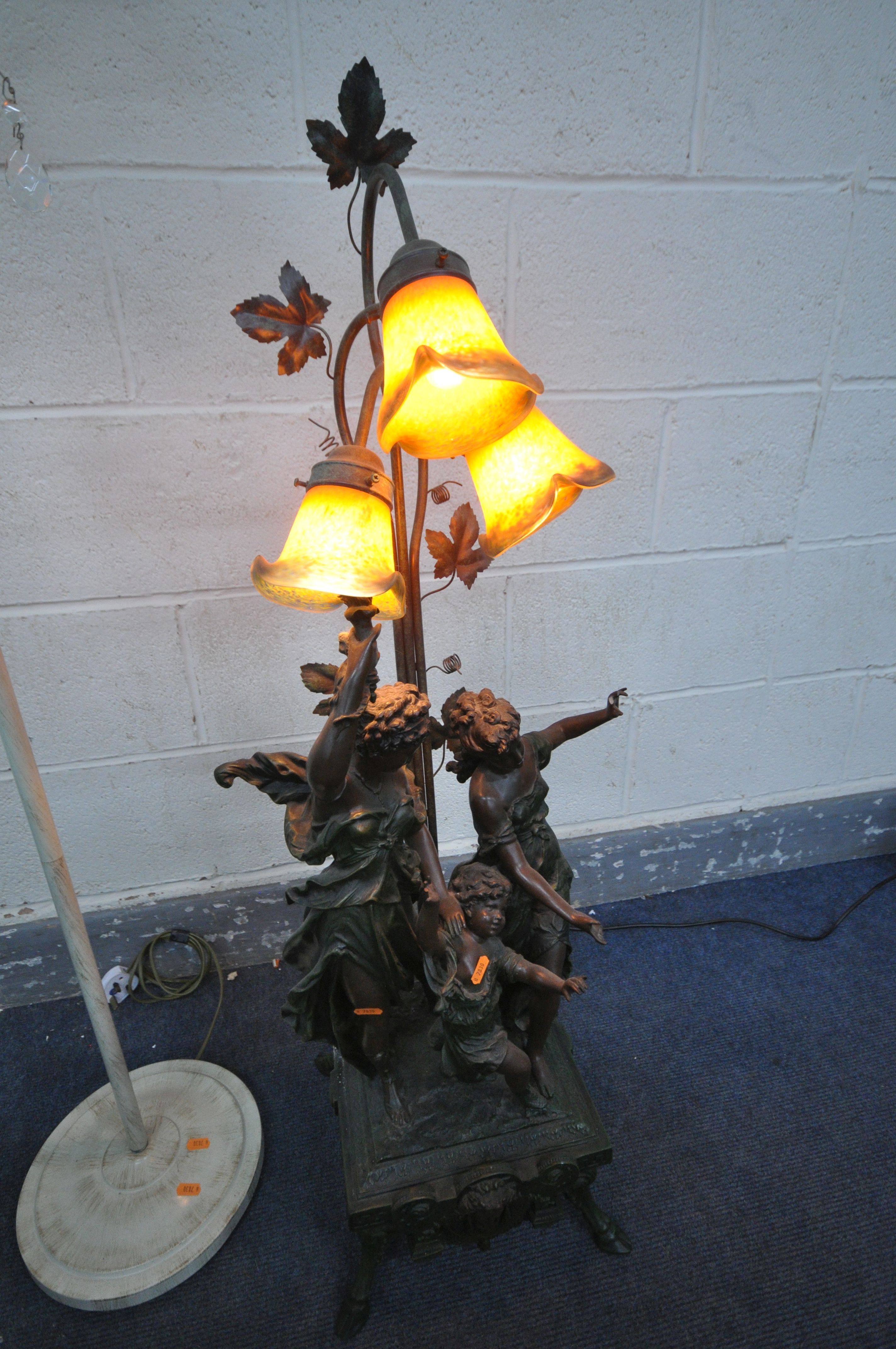 AN ART DE FRANCE RESIN FIGURAL LAMP, the three branches with orange glass shades, depicting two - Image 4 of 10