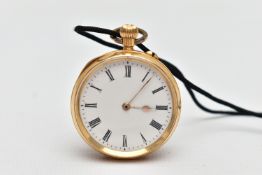 A CASED YELLOW METAL OPEN FACE POCKET WATCH, keyless winding pocket watch, white dial, Roman