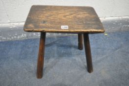 AN ANTIQUE ELM TOPPED PEGGED STOOL, width 39cm x depth 26cm x height 49cm (condition - appears to