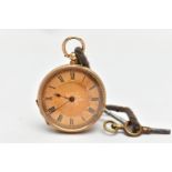 A YELLOW METAL OPEN FACE POCKET WATCH, key wound pocket watch, round gold floral detailed dial,