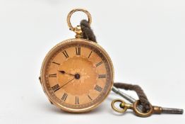 A YELLOW METAL OPEN FACE POCKET WATCH, key wound pocket watch, round gold floral detailed dial,